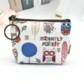 Portamonete in tela con stampa di gufo cartone animato con cerniera e portachiavi da donna - Borsa Argentata Gufo - Bianco Giada