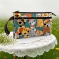 Schattige tekenfilm kat print meerlaagse canvas clutch tas met rits voor dames handtas. - Groen