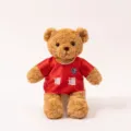Adorable brown plush teddy bear wearing a red soccer jersey with Nantong printed. Soft toy gift. - Nantong Bear