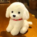 Cute simulation teddy dog plush toy, soft stuffed animal doll with red collar detail. - 22cm (240g) / Creamy White