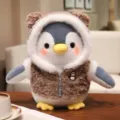 Cute penguin plush toy stuffed animal wearing brown fluffy hoodie winter gift for kids. - Gray Windbreaker Penguin