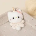 Cute white cat plush toy keychain with pink bow and polkadot dress for bags keys - Cat