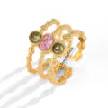 Mehrschichtiger goldfarbener offener Ring mit bunten Zirkoniasteinen, stilvoller Modeschmuck. - Mehrschichtiger Edelstein Offener Stil (JZR944-A) / Gold