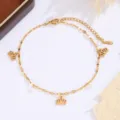 Gold stainless steel crown anklet detail, dainty chain with crystal charms for summer beach wear. - Crown