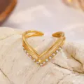 Anello aperto dorato, design geometrico a V con zirconi lucidi, variante chic. - Stile Doppio Strato a V (JZR944-H) / Oro