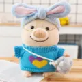 Cute plush pig stuffed animal toy with blue bunny ears headband and knit sweater gift. - Blue Heart
