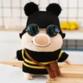Cute plush pig toy wearing black knitted hat sunglasses sweater and bag for kids gift - Black & Yellow Striped Style