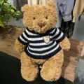 Cute brown teddy bear plush toy wearing a cozy blue and white striped knitted sweater. - Suitable for 28cm Bear (Excluding Doll) / Navy Striped Sweater