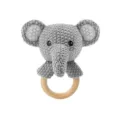Handmade crochet elephant baby sensory rattle toy with wooden teething ring in grey color. - Grey Elephant Rattle