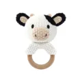 Handmade crochet cow baby rattle toy with natural wooden teething ring for sensory dev. - Knit Cow Rattle