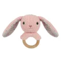 Handmade crochet bunny baby rattle with wooden ring, pink floral ears sensory toy for infants. - Knit Long Ear Rabbit Rattle