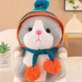 Cute hamster plush toy wearing a knitted hat and scarf, soft stuffed animal doll for gifts. - Blue Hat Gray Hamster