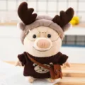 Cute plush pig doll toy wearing reindeer antlers, glasses, and a cozy brown sweater. - Bear Sweater Style