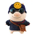 Cute plush pig toy with knitted sweater, blue hat, sunglasses and bag. Soft stuffed doll gift. - Dark Blue Sweater Style