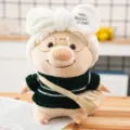 Cute plush pig toy wearing green sweater and bow headband, soft stuffed animal doll for gifts. - Green and White Striped