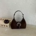 Bolso de hombro de ante marrón oscuro, bolso hobo retro con hebilla y cremallera mujer. - Café