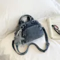 Denim boston bag shoulder crossbody bag casual denim handbag with star pendant and pocket - Dark Blue (With Charm)