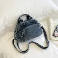 Classic denim boston handbag with top handles and shoulder strap for women daily commute. - Dark Blue Without Pendant