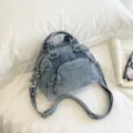 Blue denim Boston bag, stylish casual handbag, compact crossbody shoulder bag for daily commuting. - 20x10x16cm / Light Blue (Without Pendant)