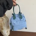 Sac à main décontracté de style coréen unicolore, sac seau cordon grande capacité. - Bleu