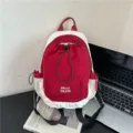 Red and white color-block outdoor backpack, stylish lightweight canvas travel daypack. - Red
