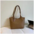 Bolso de hombro tejido marrón elegante, bolso shopper de cuero para mujer en trabajo y diario. - Sin colgante / Caqui