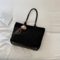Korean style black canvas tote bag, large capacity casual single shoulder underarm bag for daily use. - With Pendant / Black