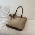 Casual suede tote bag with brown straps and cute bear pendant, large capacity shoulder bag. - With Pendant / Khaki