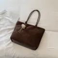 Stylish brown suede tote bag with shoulder straps and cute plush charm for daily use. - With Pendant / Coffee