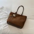 Brown Suede Tote Bag Casual Single Shoulder Handbag with Cute Bear Pendant Variant - With Pendant / Brown