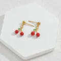 Gold-plated cute red cherry stud earrings with green enamel leaves, elegant daily jewelry. - Cherry Drip Oil Studs