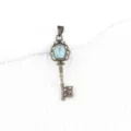 Vintage key pendant with blue stone inlay, antique bronze finish fashion necklace jewelry. - Blue Turquoise (Bronze Color)