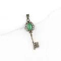 Vintage bronze key pendant necklace with green stone inlay court style sweater chain - Malay Jade (Bronze Color)