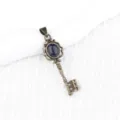 Vintage Bronze Key Pendant Necklace with Sparkly Blue Stone Palace Style Sweater Chain Jewelry - Synthetic Blue Sandstone (Bronze Color)