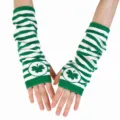 Green white striped shamrock knit arm warmers, ideal for St Patricks Day festive outfits. - IR1026A19L
