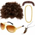 70s disco party costume set includes afro wig, vintage sunglasses, gold chain and accessories. - Brown Curly Wig Five-Piece Set (PE627SET23C)