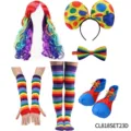 Details of colorful clown costume accessories featuring rainbow wig, socks and striped arm warmers. - CL818SET23D