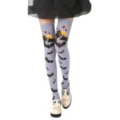 Halloween theme over-the-knee gray socks with bat and castle prints for women's costume parties. - One Size / Gray Halloween Bat