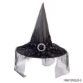 Cappello da strega di Halloween nero con rete di stelle e anello strass, accessorio. - Accessorio per capelli / Cappello da strega nero con velo a stelle (HA0726Q22-1)
