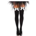 Black thigh high stockings with white satin bows, perfect for Halloween and costume parties. - One Size / Black Socks With White Bow