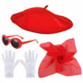 1950s retro party women costume accessories set with red beret sunglasses gloves and scarf. - Red Beret 4-Piece Set(PE428SET23E)