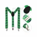 Green plaid suspenders for men, Y-back elastic trouser straps with metal clips and leather patch. - One Size / Green Black Plaid Suspenders