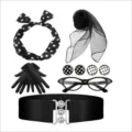 Retro 1950s style fashion accessories set featuring polka dot headband and cat eye glasses. - Deluxe Black and White 5-Piece Set(23PESET5598BKA)