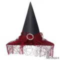 Cappello da strega di Halloween nero con velo in pizzo rosso e fibbia con strass. - Cappello da strega nero velo bordeaux (HA0726Q22-4)