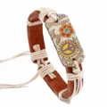 Vintage leather braided bracelet with bohemian floral print tag and rustic hemp rope details. - Retro Woven