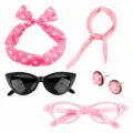 jaren 50 vintage dames feest kostuum set met stip hoofdband kattenoog bril en bijpassende oorbellen - Roze 5-Delige Set(G100301)