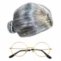 Detailed close-up showing the silver grey wig bun and retro gold-rimmed glasses for party. - One Size / NX6007B