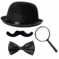 Halloween Chaplin kostuum set met zwarte bolhoed, snor, vlinderstrik en vergrootglas. - Eén maat / Kostuum Rekwisieten Set (PE607SET23A)