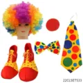 Halloween clown costume set with colorful wig red nose bow tie necktie and oversized clown shoes. - 22CLSET533