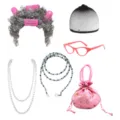 Ensemble de costume de cosplay de vieille dame des années 80 avec perruque et collier - Ensemble de Perruque Bouclée Blanc Grisâtre (Avec Lunettes Roses Et Sac À Main Rose)